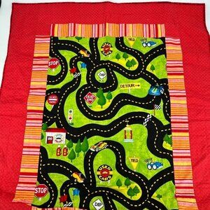 Handmade Quilt Cars Trucks Roads‎ Playmat Quilted Red with CATS